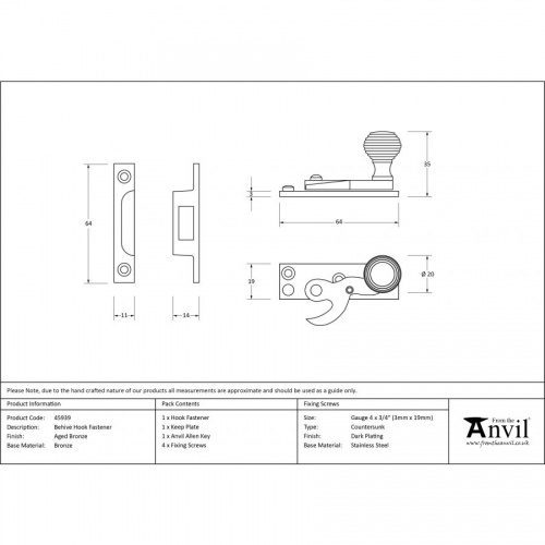 Aged Bronze Beehive Sash Hook Fastener